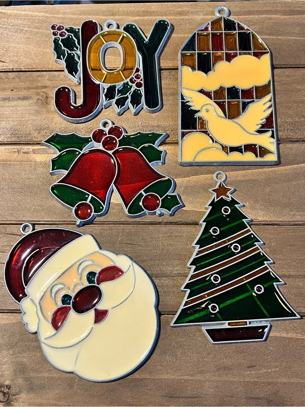 Vintage Stained Glass Ornaments Suncatcher Lot Of 5 Metal Christmas
